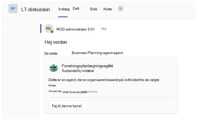 Skærmbillede, der viser link til SharePoint-agent i Teams-kanaler