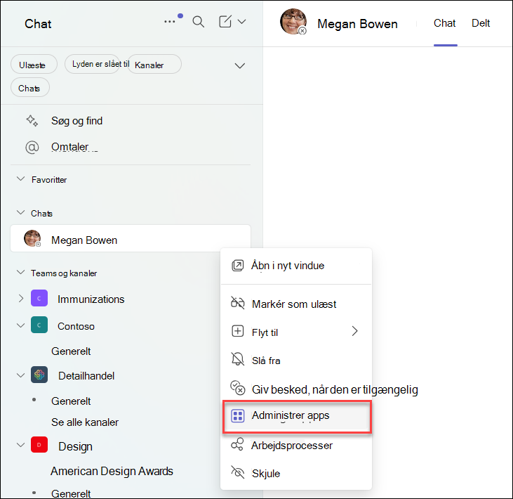 Skærmbillede af administration af apps i en Teams-chat