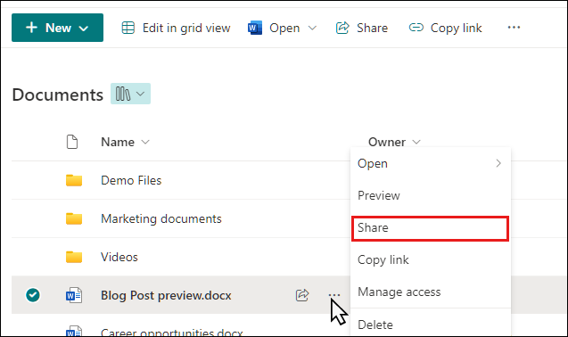 Del et dokument i et SharePoint-bibliotek