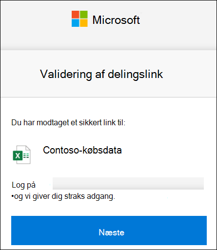 Bekræftelse af eksternt delingslink i OneDrive for at logge på.