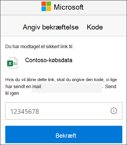 Bekræftelseskodevindue for ekstern deling i OneDrive