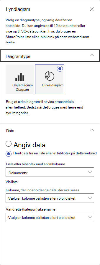 Skærmbillede af redigeringspanelet til cirkeldiagram