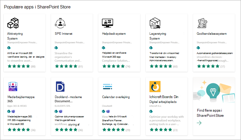 Skærmbillede, der viser nogle af de populære apps, du kan føje til dit websted fra SharePoint Store.