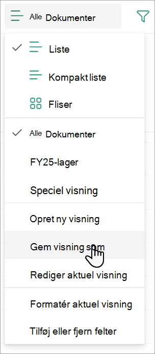 Skærmbillede, der viser kommandoen Gem visning som, du kan bruge til at navngive din visning.