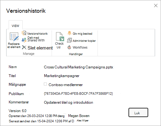 Dialogboksen Versionshistorik for en given fil.