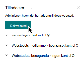 Forhåndsvisning af knappen Del websted