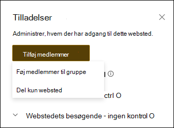 Forhåndsvisning af tilladelsespanelet med rullemenuen.