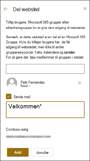 Forhåndsvisning af panelet Del websted.