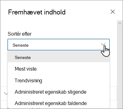 Indstillingerne Sortér efter for webdelen Fremhævet indhold i den moderne SharePoint-oplevelse