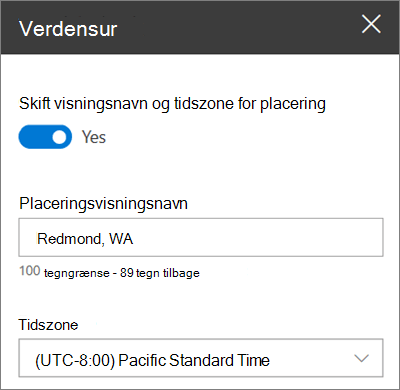 Værktøjskassen til webdelen Verdensur til SharePoint-websteder, der viser, hvordan du tilpasser et vist navn og en tidszone