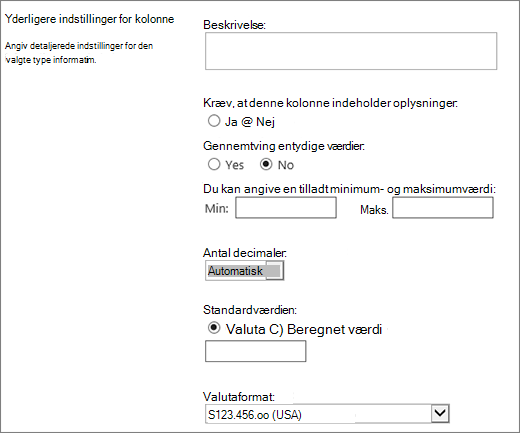 Valg for valutakolonner