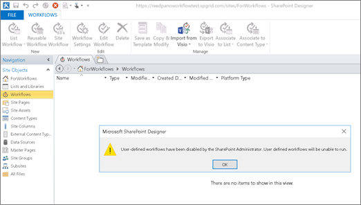 Skærmbillede af SharePoint 2010-arbejdsprocesfejl i SharePoint Designer, når SharePoint 2010-arbejdsprocessen er deaktiveret