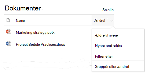 Webdelen Dokumentbibliotek, der viser menuen Sortér, filtrer og grupper