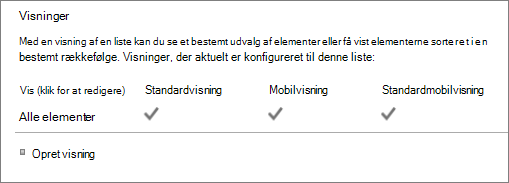 Sektionen Listevisning i Listeindstillinger