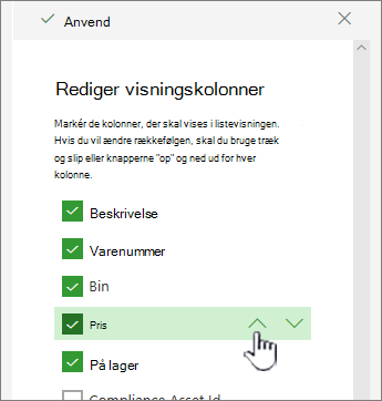 Brug pil op eller pil ned, eller træk og slip kolonneplacering