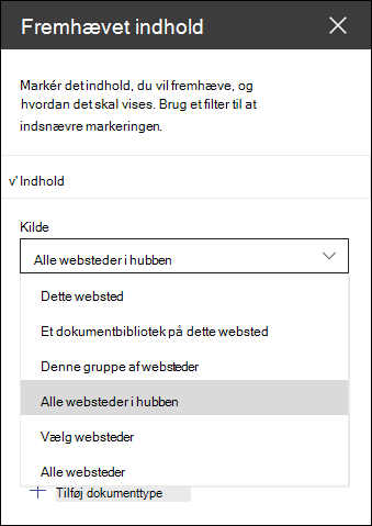 Fremhævet værktøjsrude for webdelen Indhold