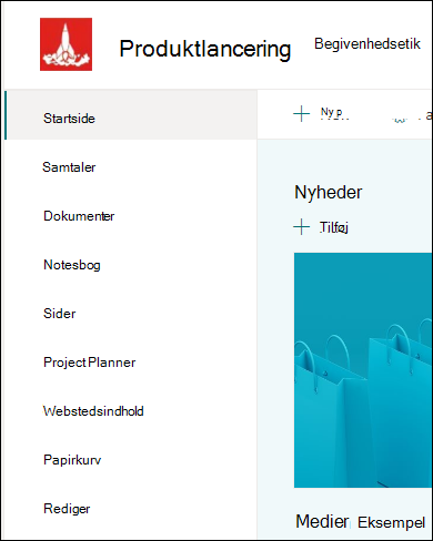 SharePoint-teamwebsteds menu til venstre