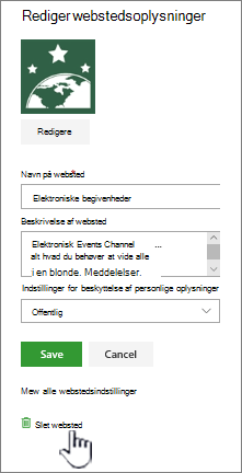 Slet webstedsplacering for SharePoint-teamwebsted