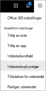 Menuen Indstillinger med Webstedsoplysninger markeret