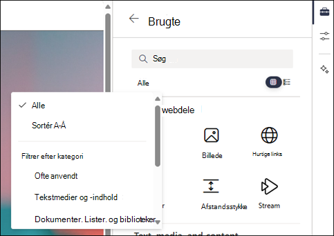 Filtrere webdelene på niveau 2 i værktøjskassen