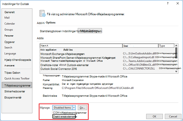 Skærmbillede af vinduet Indstillinger for Outlook