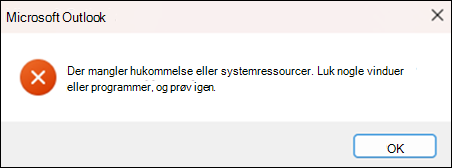 Fejlen Outlook er ikke mere hukommelsesrig