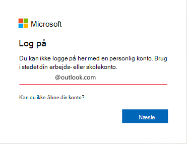 Skærmbillede af logonfejl i Outlook