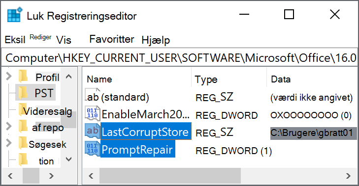 Indstillinger i registreringsdatabasen til sletning af LastCorruptStore PromptRepair=dword:00000001
