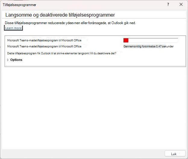 Skærmbillede af dialogboksen Langsomme og deaktiverede tilføjelsesprogrammer