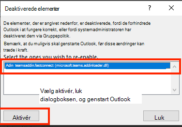 Skærmbillede af dialogboksen til aktivering af deaktiverede elementer.