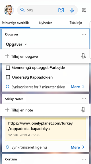 Skærmbillede, der viser kortet Opgaver i startfeedet