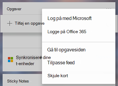 Skærmbillede, der viser muligheden for at logge på med Microsoft eller Office 365 på menuen Flere opgaver