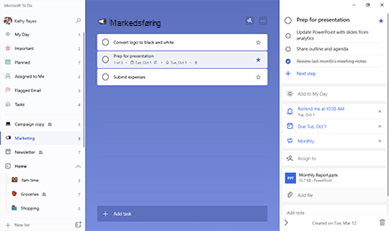 Marketingliste åben med opgaveForbered til præsentation markeret. Detaljevisningen er åben med tre trin og gentaget forfaldsdato og påmindelse tilføjet. Månedlig Report.pptx er en vedhæftet fil.