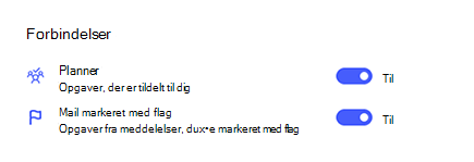 Skærmbillede af Forbindelser i Indstillinger med Planner og Mail markeret med flag slået til