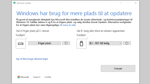 Windows har brug for mere plads til at opdatere meddelelse