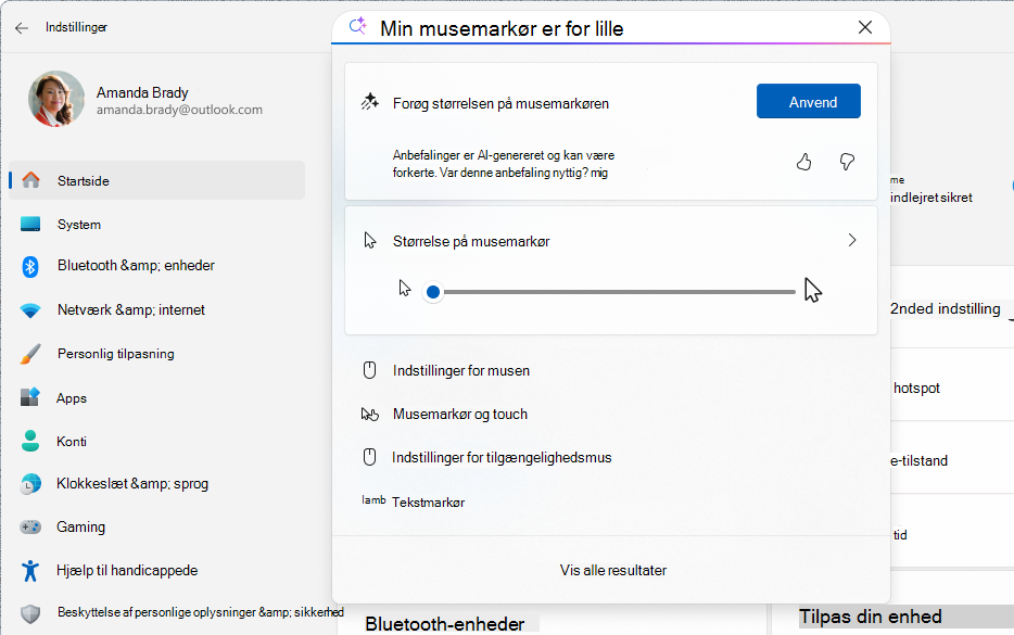 Skærmbillede af Indstillinger, der viser en AI-baseret søgning ved hjælp af agenten.