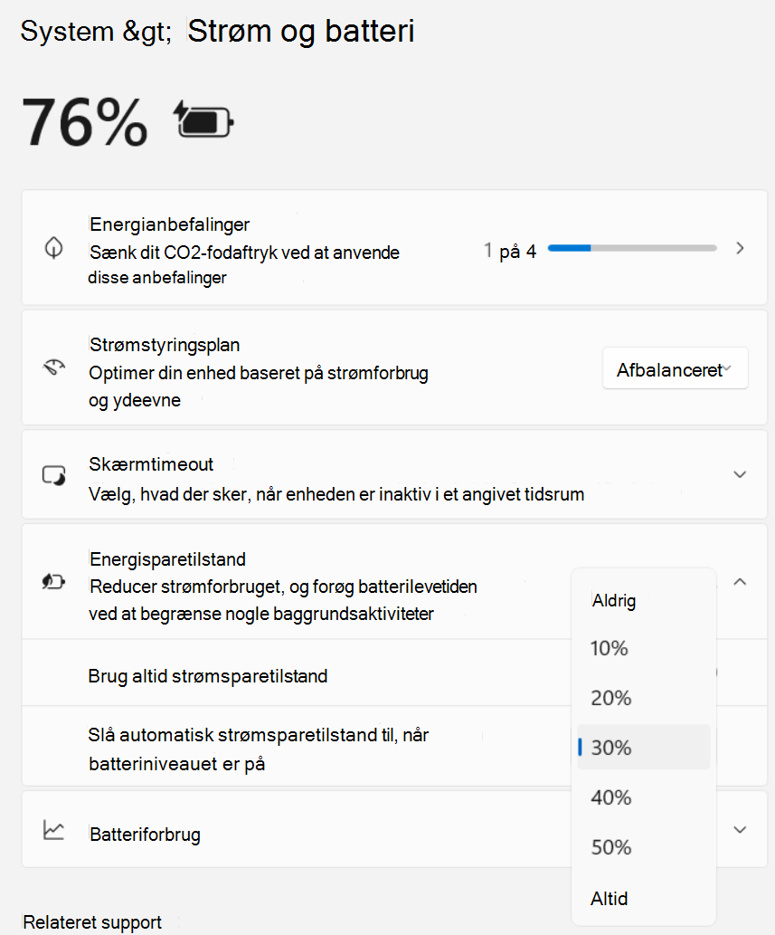Skærmbillede af Indstillinger systemstrøm >> og strømsparetilstand >