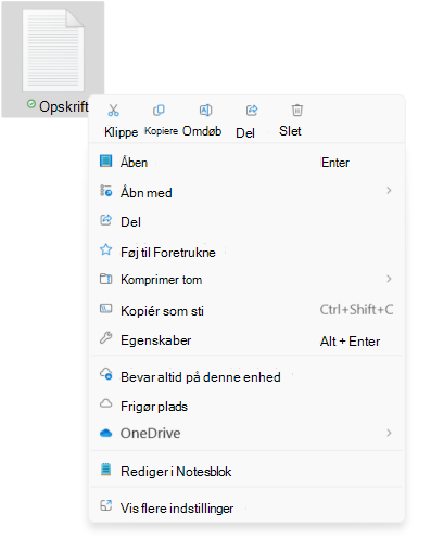 Skærmbillede af genvejsmenuen for filen, der viser de nye indstillinger for klip/kopiér/omdøb/del/slet.