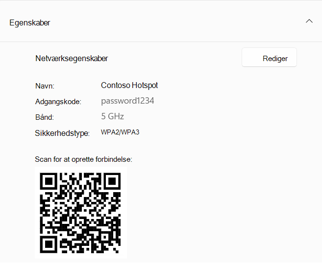 Skærmbillede af en QR-kode, der bruges til at oprette forbindelse til en Windows-enhed, der fungerer som et hotspot.