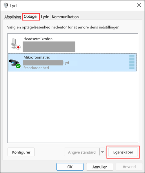 Få adgang til egenskaber for lydinputenheder i Windows 11 Lydindstillinger.