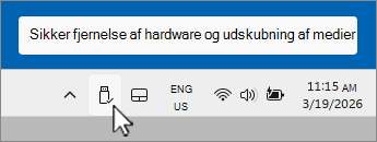 Skærmbillede af ikonet Sikker fjernelse af USB-enhed i meddelelsesområdet.
