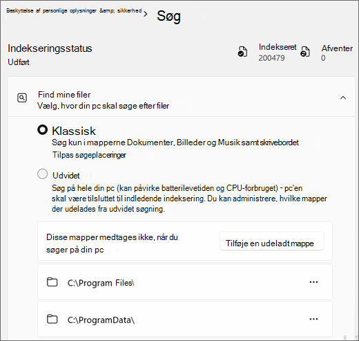 Skærmbillede, der viser Indstillinger for Windows Search.