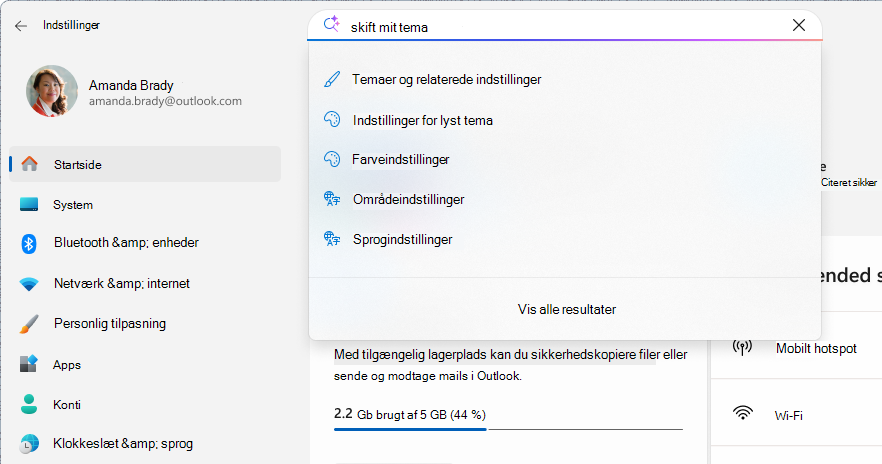Skærmbillede af en søgning i indstillinger.
