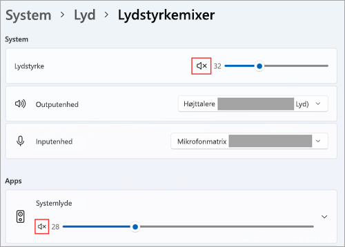 Få vist lydstyrke og standardlydenheder i Windows 11 Lydmixer.