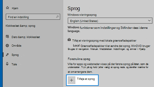 Indstillinger for sprog i Windows 10