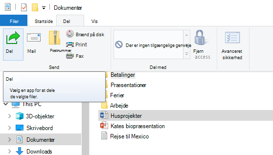 Hvor finder du knappen Del i Stifinder på Windows 10