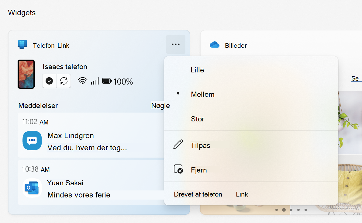 Telefonlink-widgetmenu, der viser indstillingerne for størrelse, tilpas, fjern og Drevet af Telefonlink.
