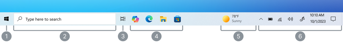 Skærmbillede af proceslinjen Windows 10 med en etiket for hver sektion.