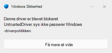 Windows Sikkerhed blokere dialogboks, der vises, når en driver blokeres