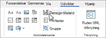 Fanen Udvikler med knappen Designtilstand valgt